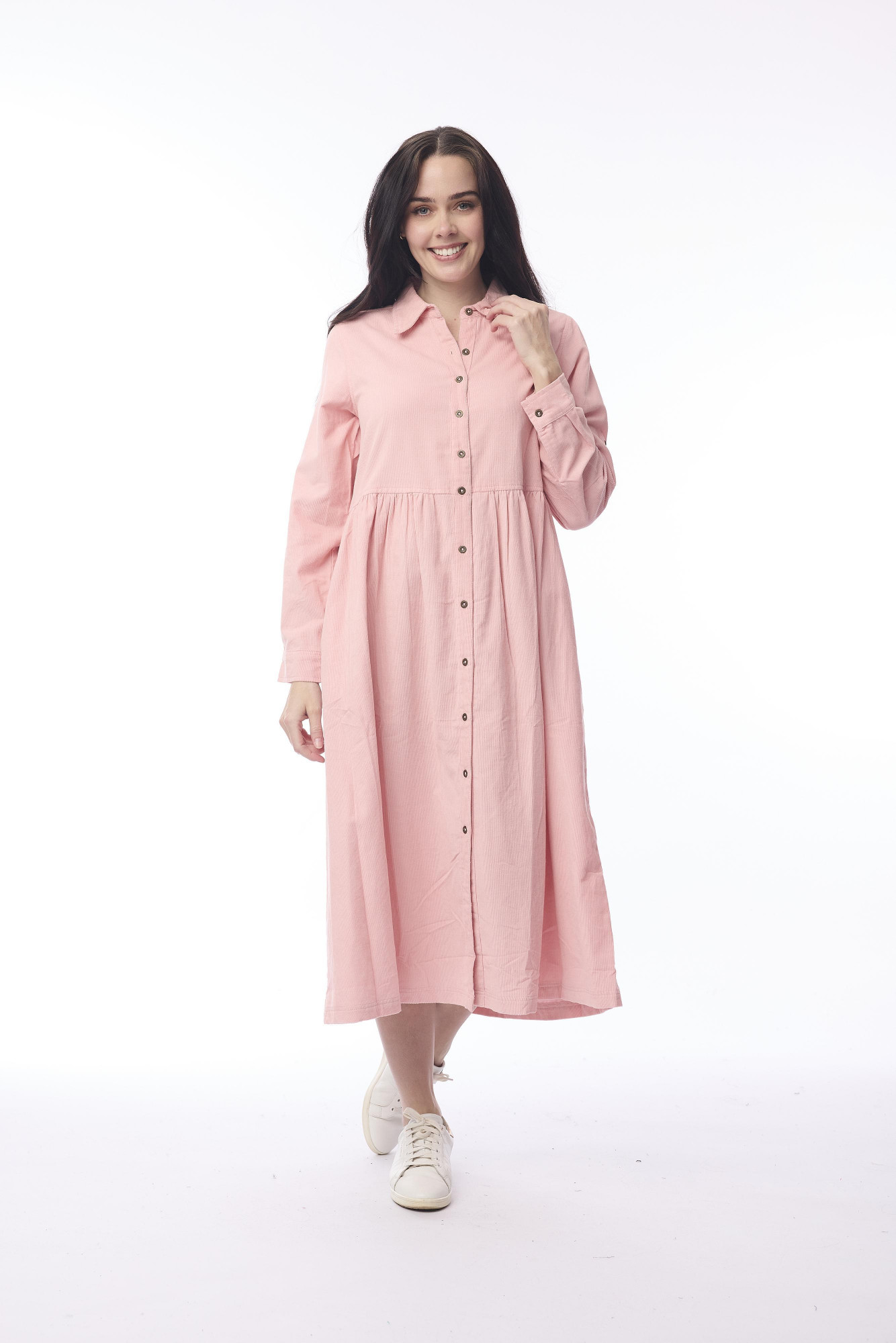 Cord Solid Dress Collar Buttons Blush Pink