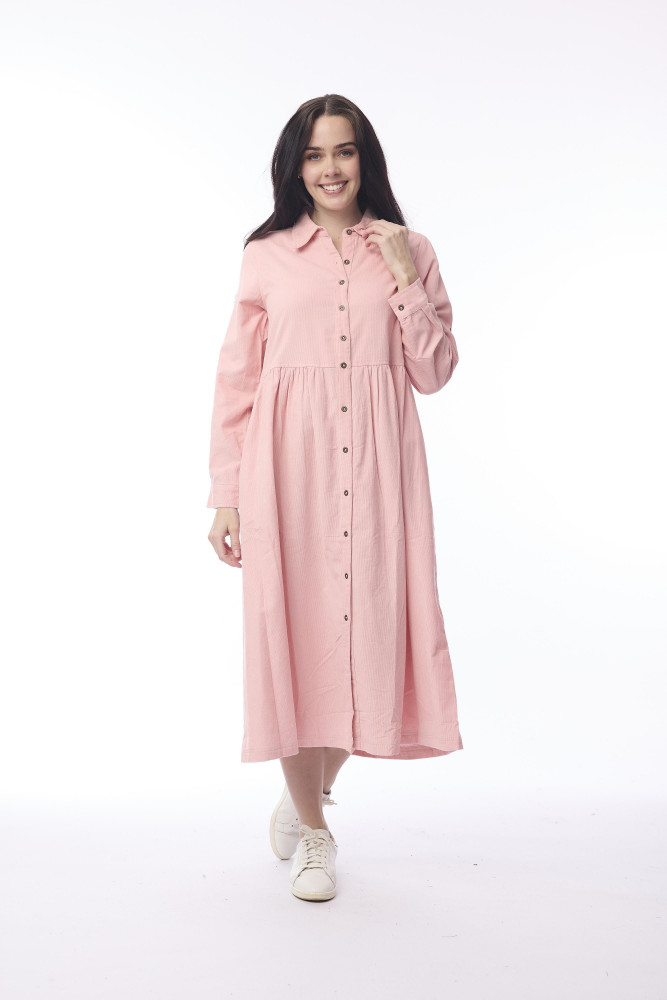 Cord Solid Dress Collar Buttons Blush Pink