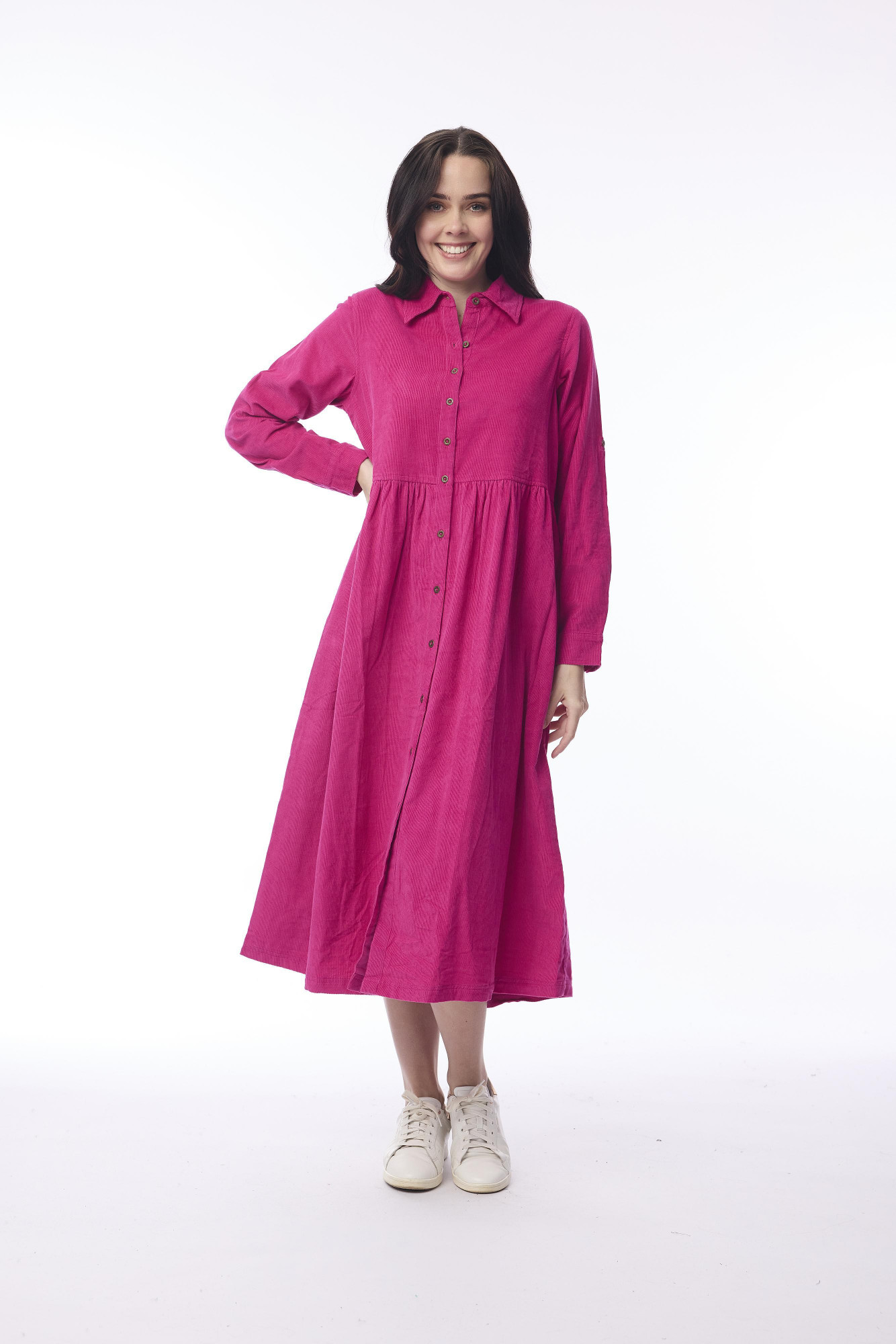 Cord Solid Dress Collar Buttons Hot Pink