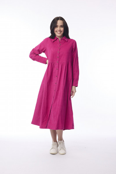 Cord Solid Dress Collar Buttons Hot Pink