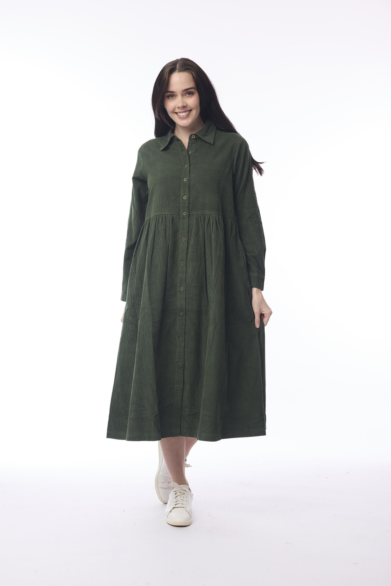 Cord Solid Dress Collar Buttons Military
