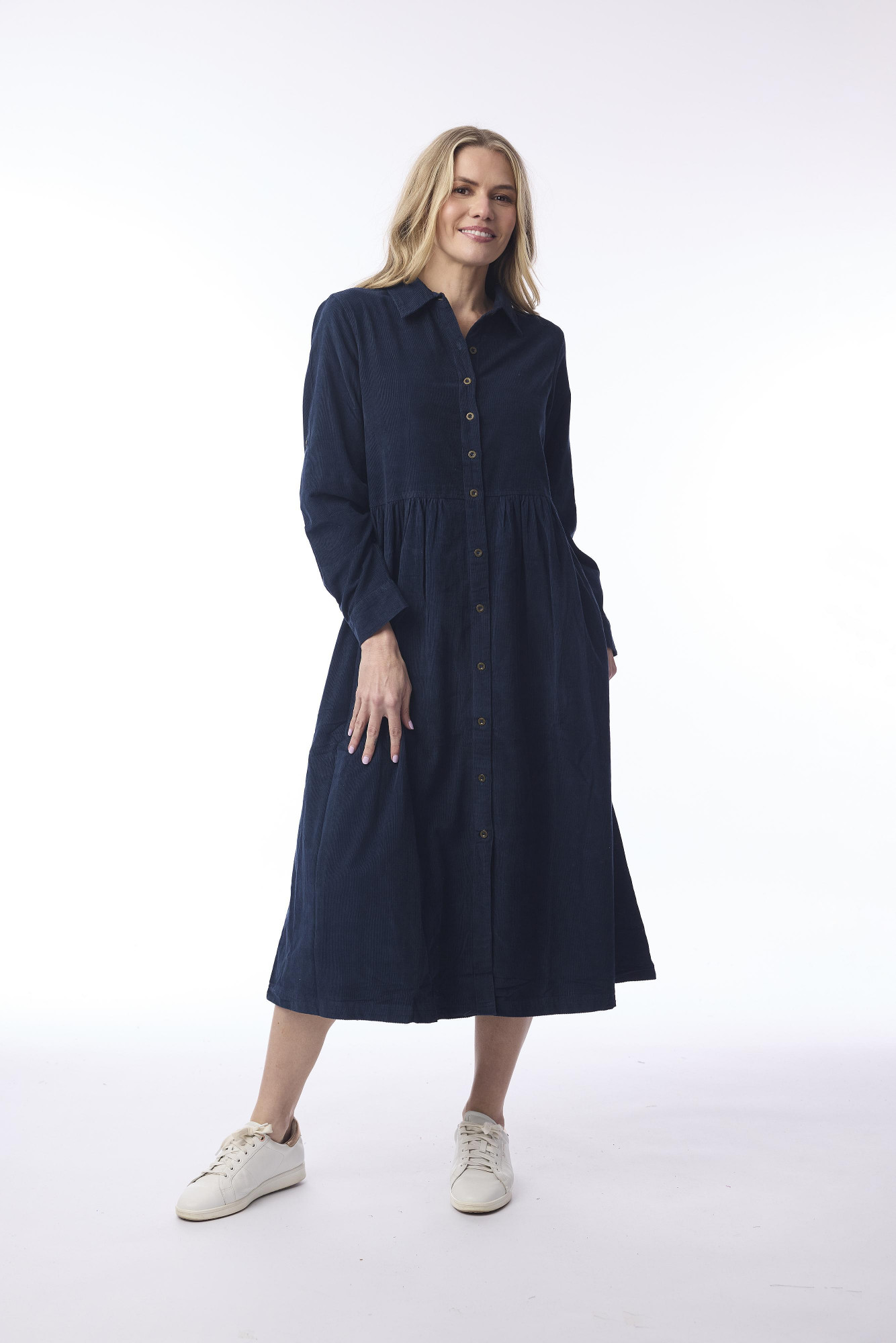 Cord Solid Dress Collar Buttons Navy