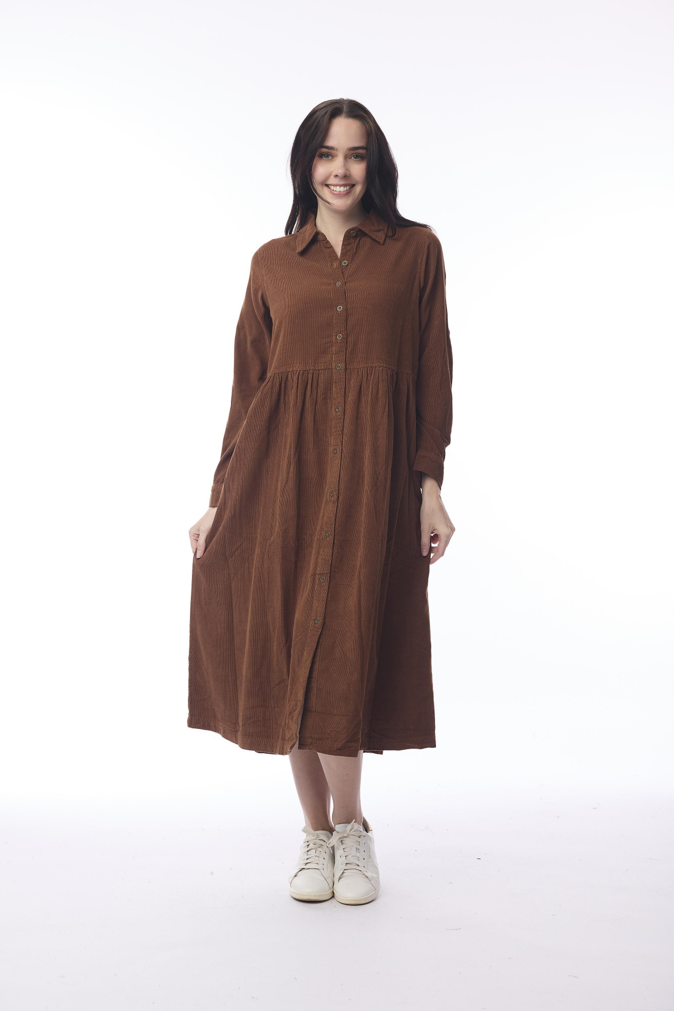 Cord Solid Dress Collar Buttons Tan