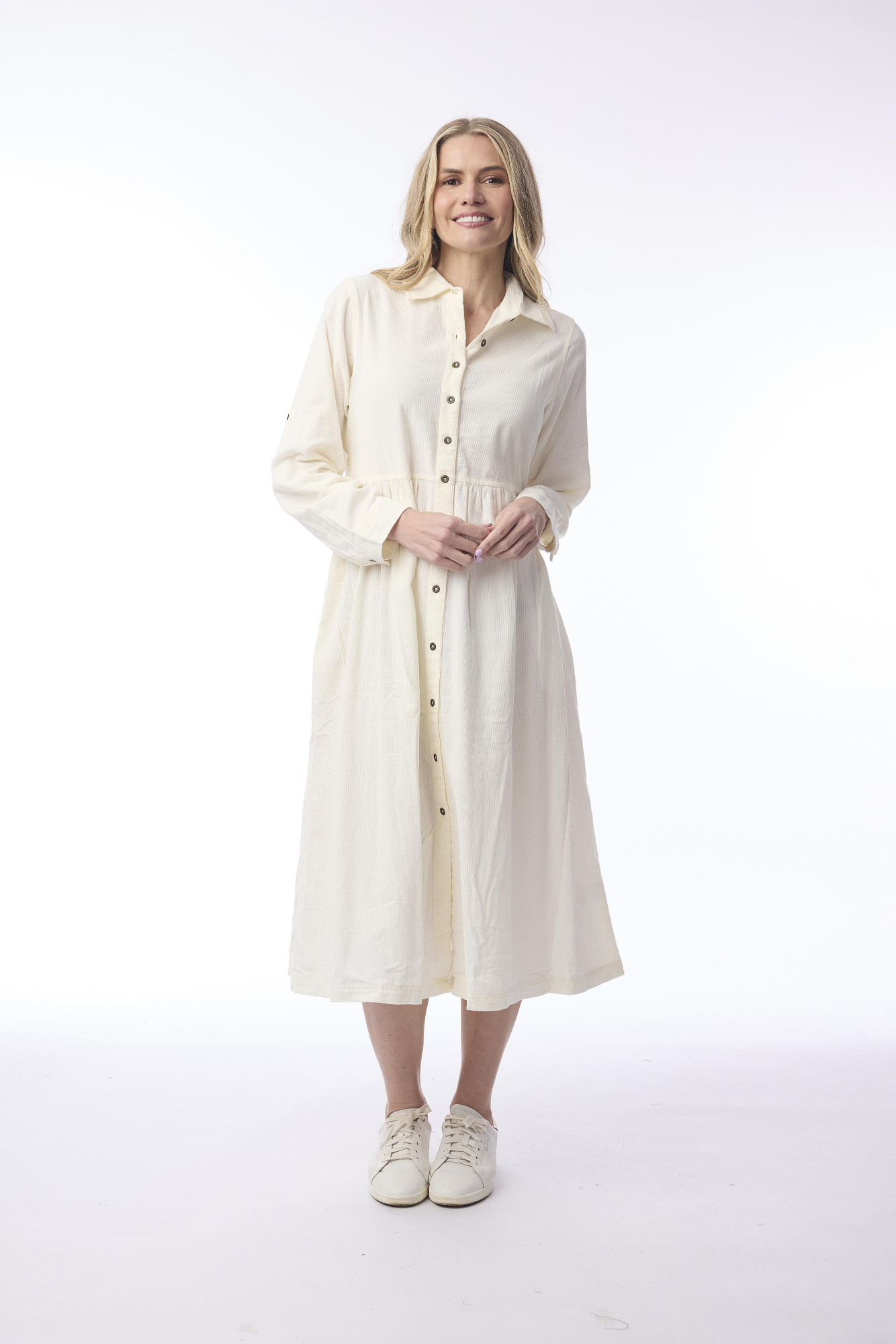 Cord Solid Dress Collar Buttons Winter White