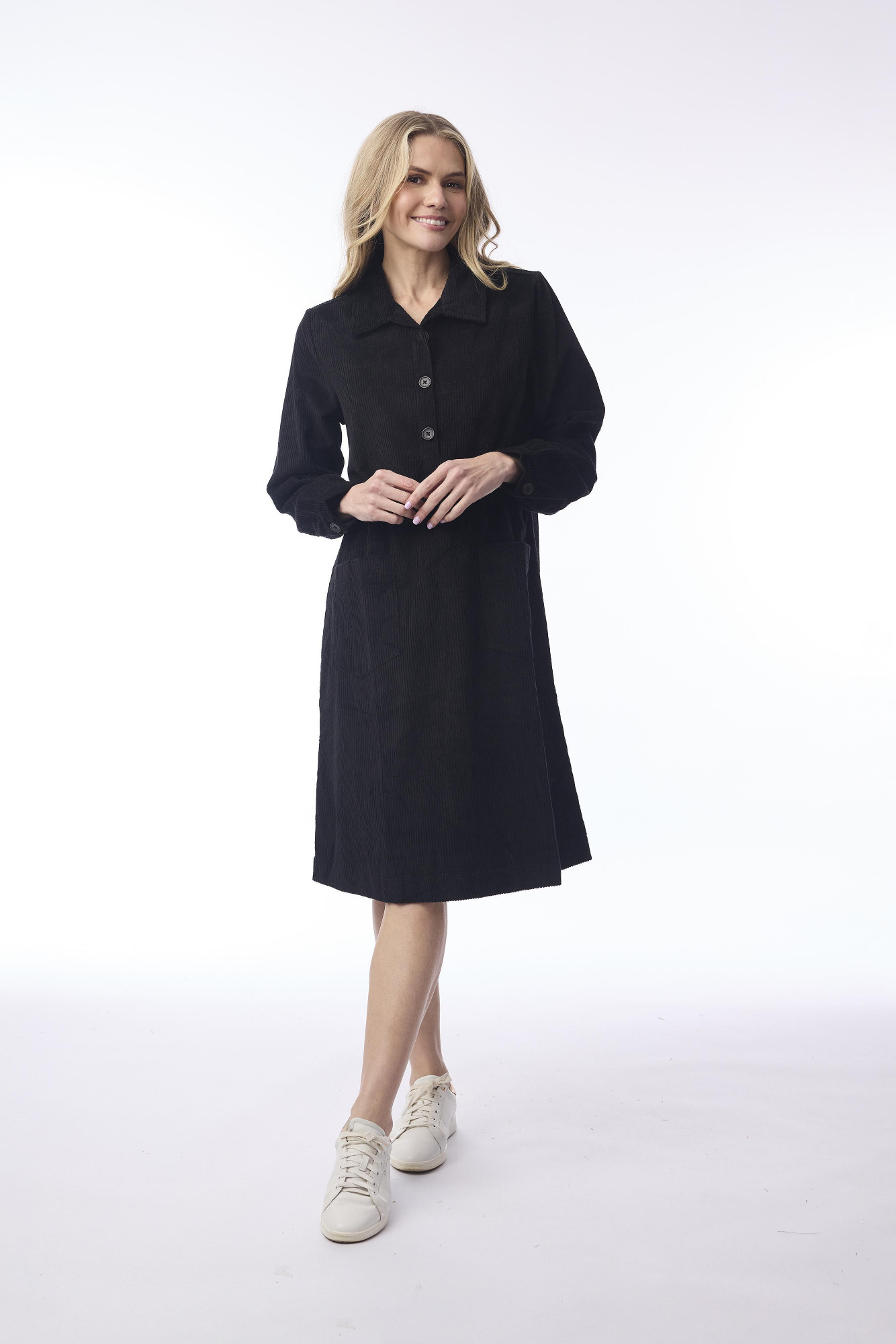 Cord Solid Dress Pockets Black