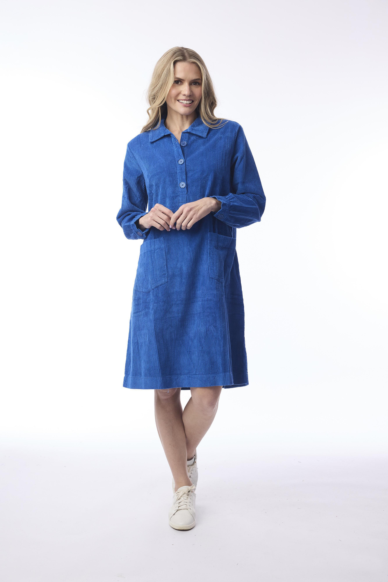 Cord Solid Dress Pockets Cobalt