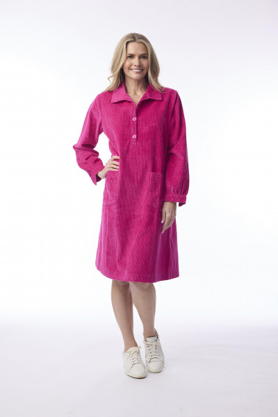 Cord Solid Dress Pockets Hot Pink