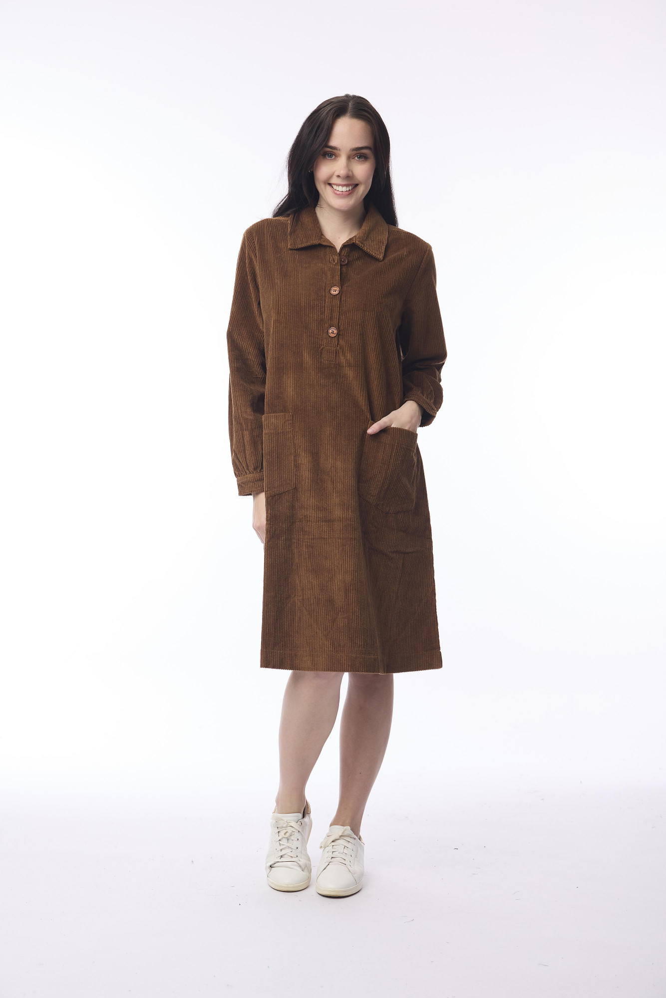 Cord Solid Dress Pockets Tan