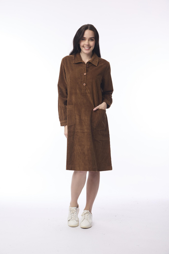 Cord Solid Dress Pockets Tan