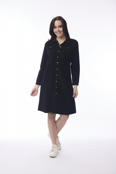 Cord Solid Dress  Waist Seam Black