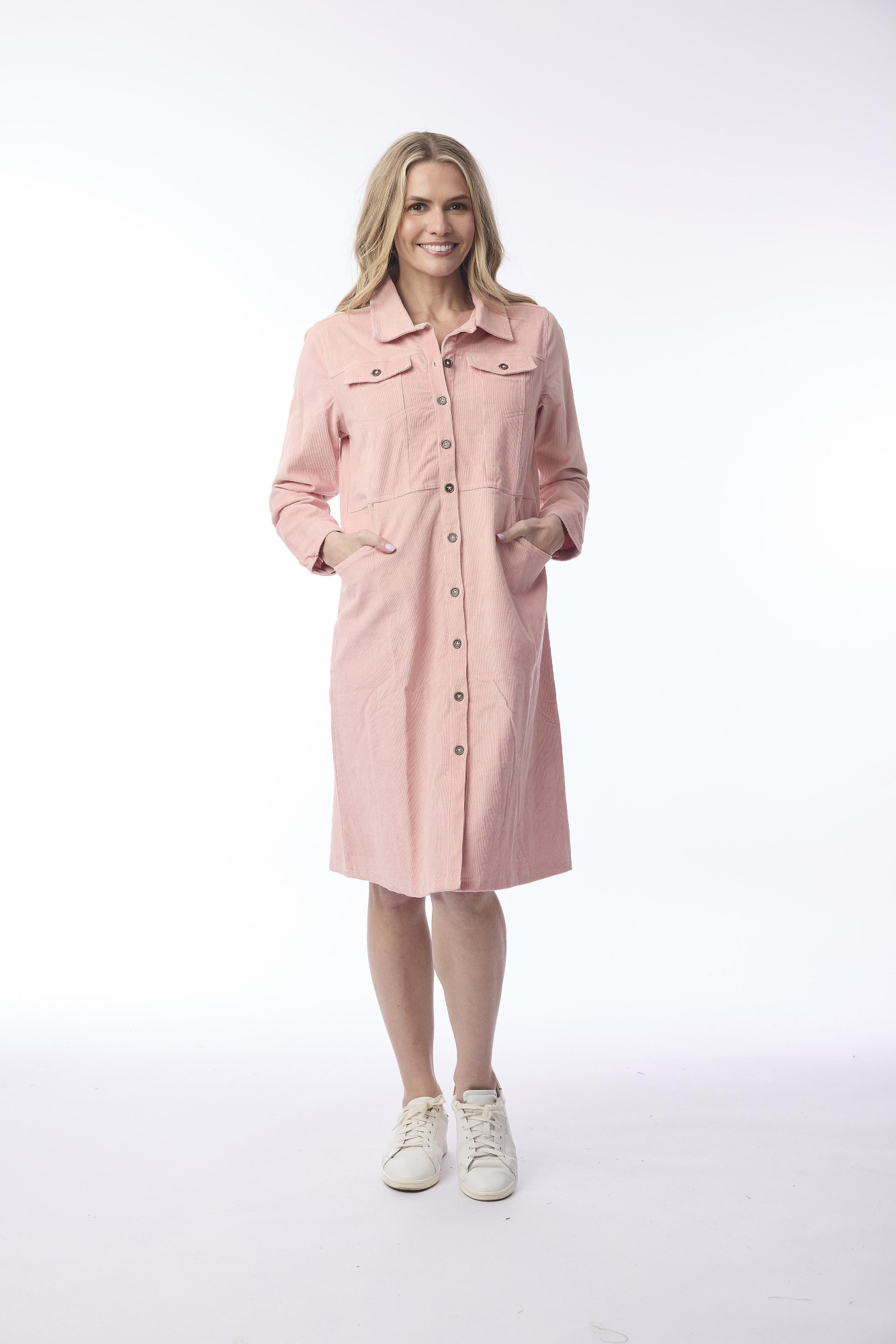 Cord Solid Dress  Waist Seam Blush Pink