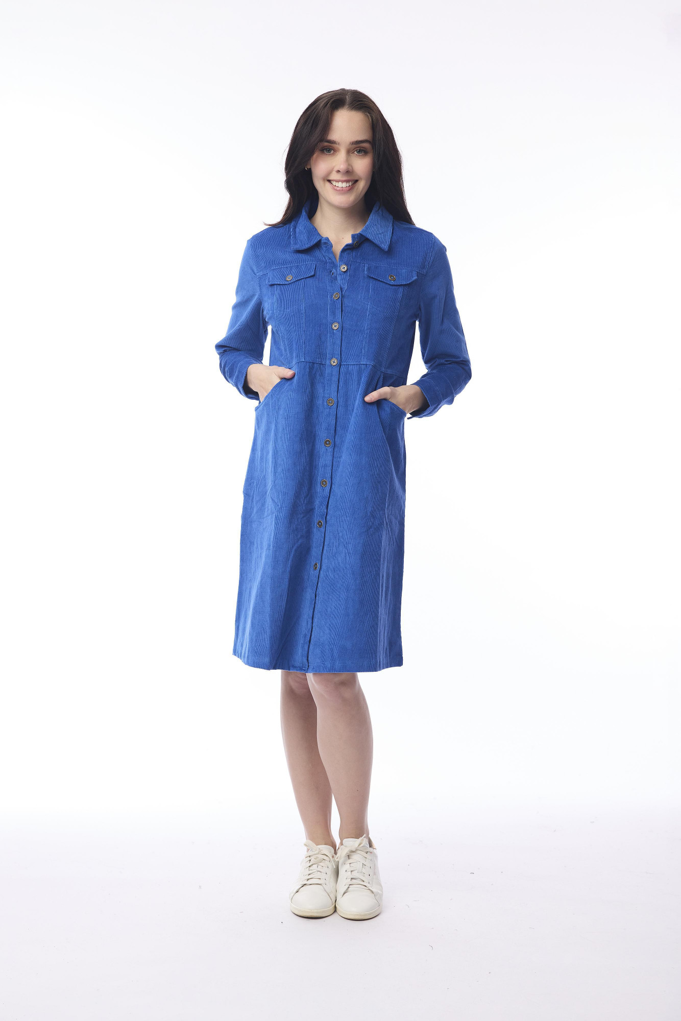 Cord Solid Dress  Waist Seam Cobalt