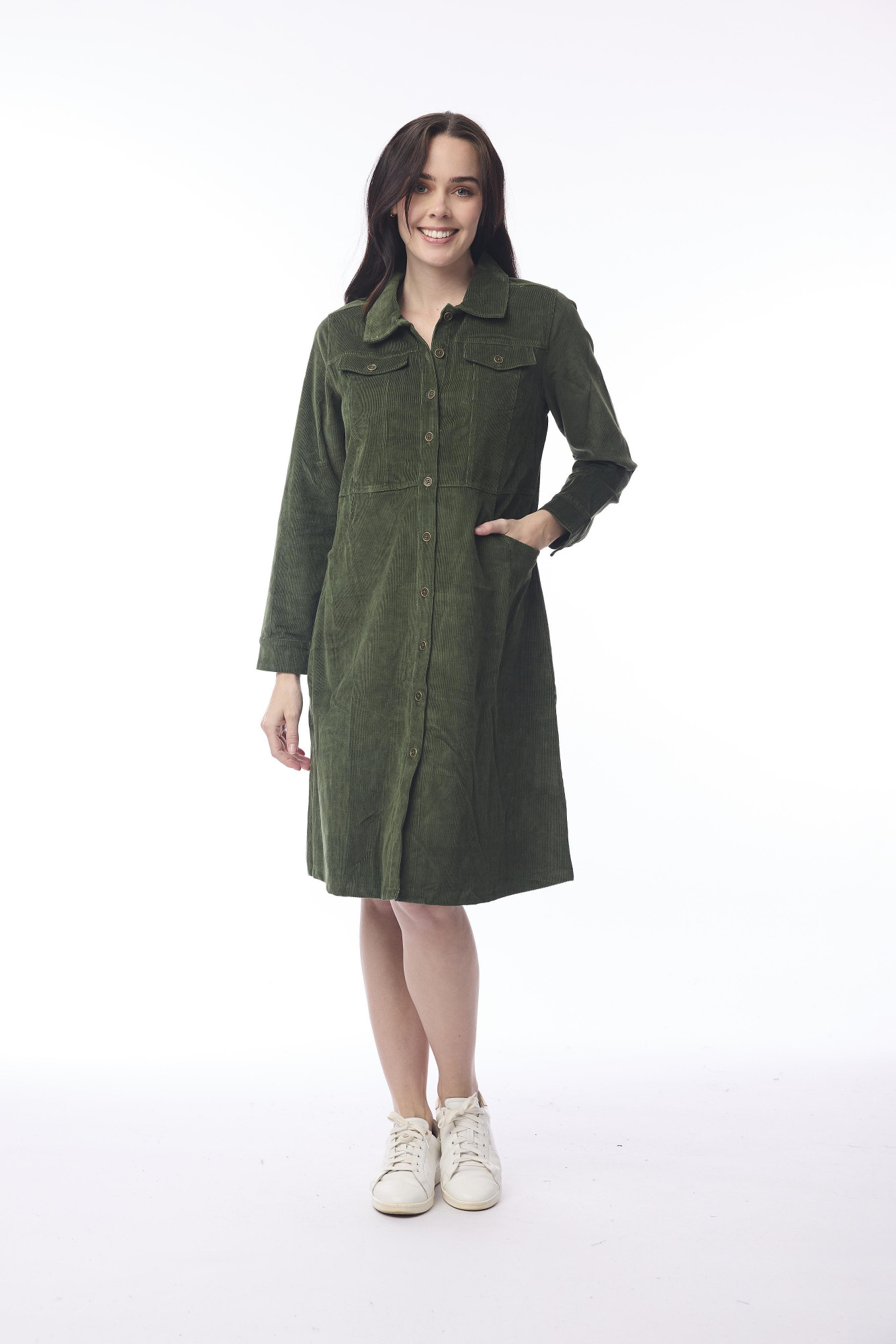 Cord Solid Dress  Waist Seam Military