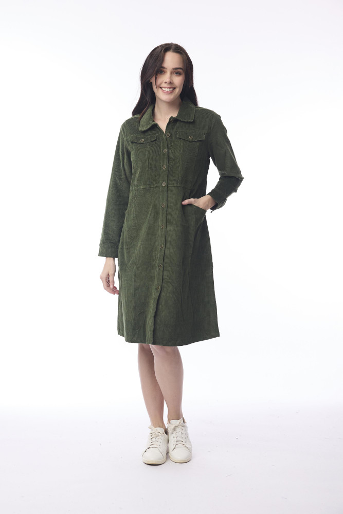 Cord Solid Dress  Waist Seam Military