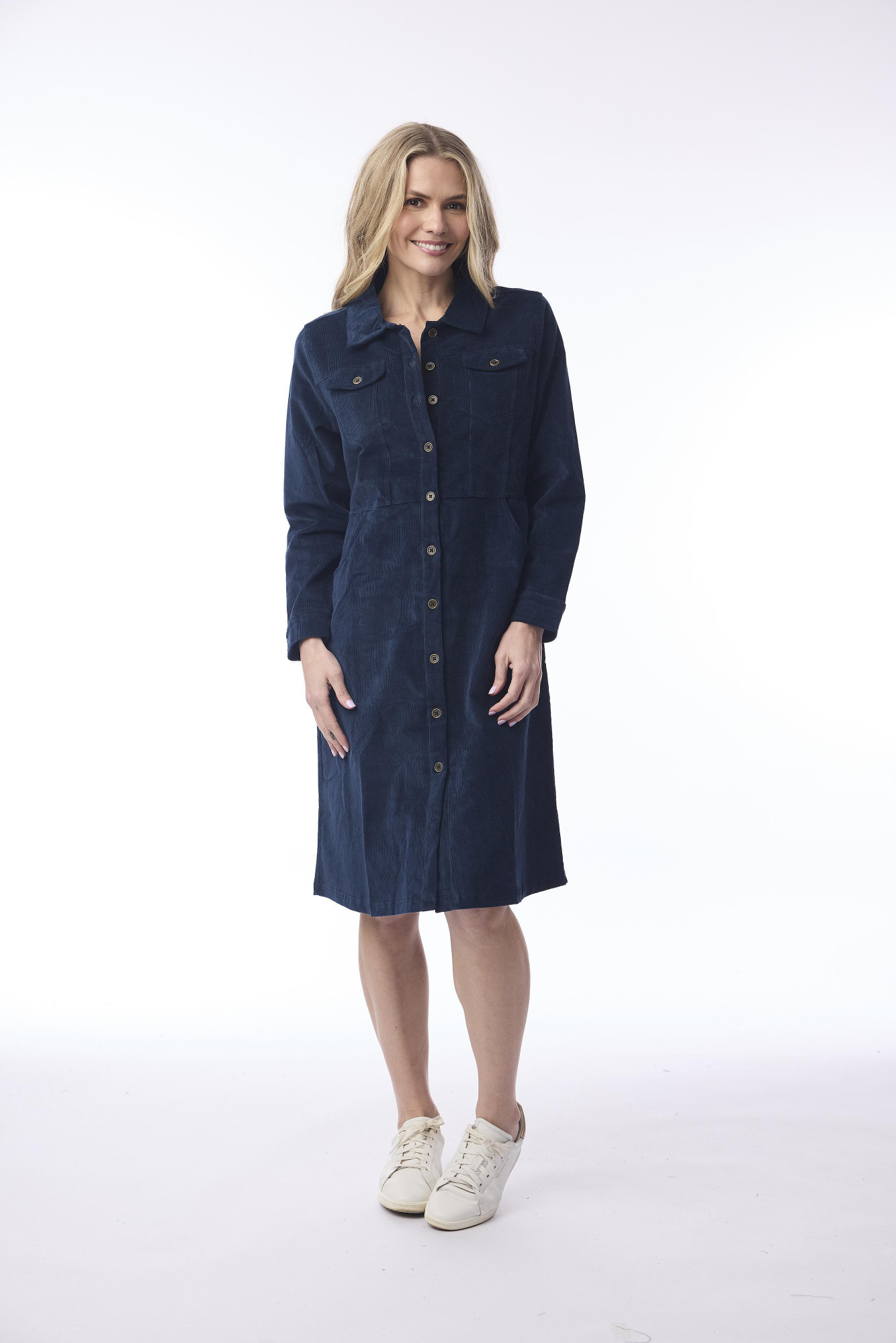 Cord Solid Dress  Waist Seam Navy