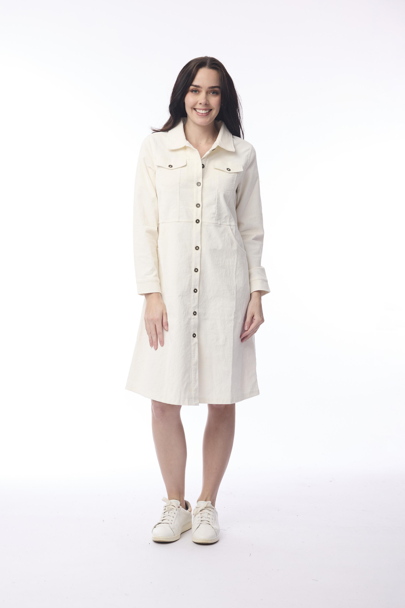Cord Solid Dress  Waist Seam Winter White