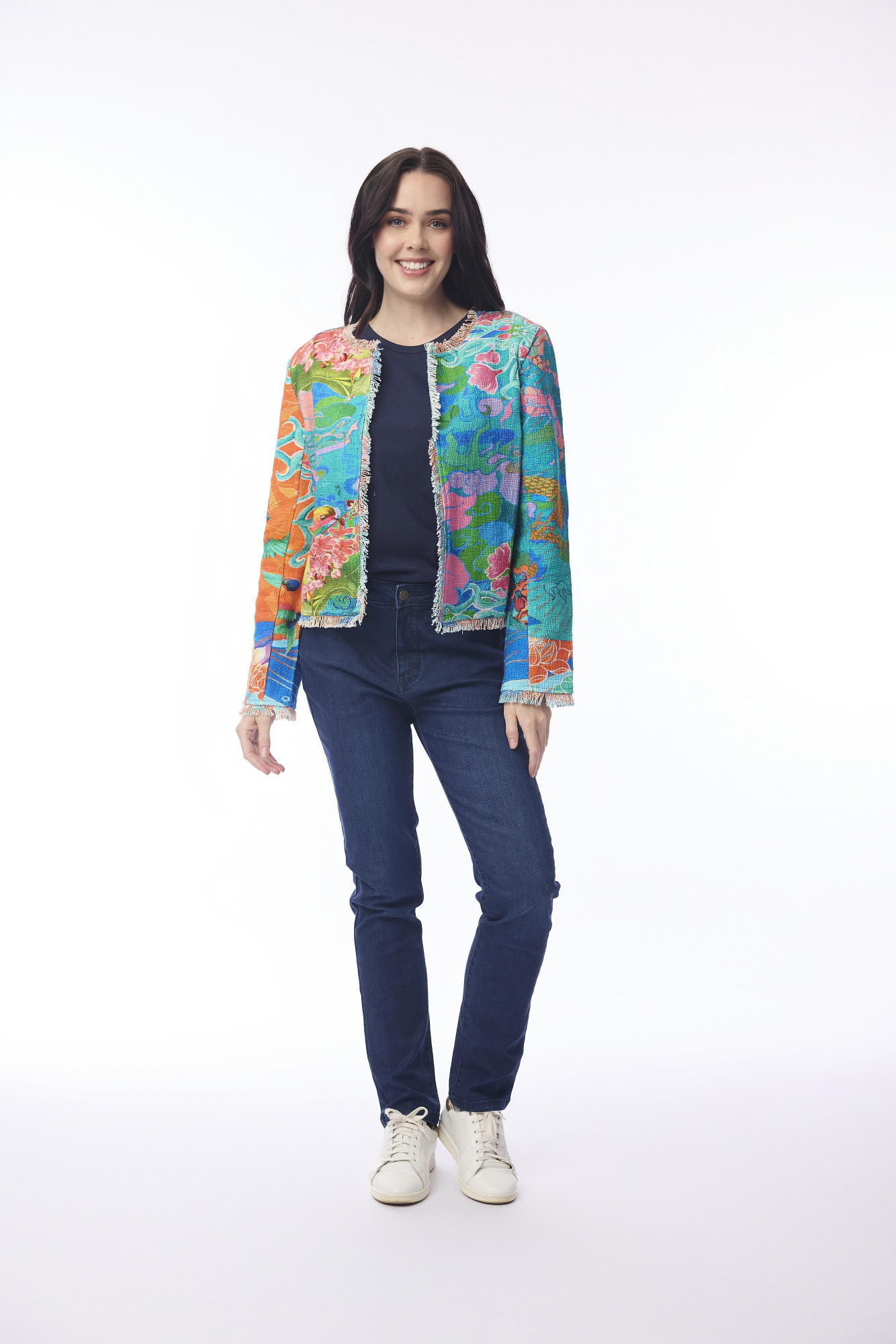 Jacket Cropped Fringed Digital Oriental