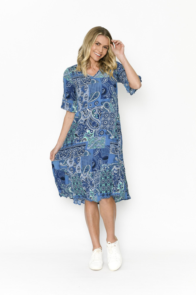 Jessica Dress Sleeved Paisley Blue