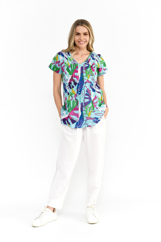 Kayla Cotton Blouse Short Sleeve Abstract Tropical 1