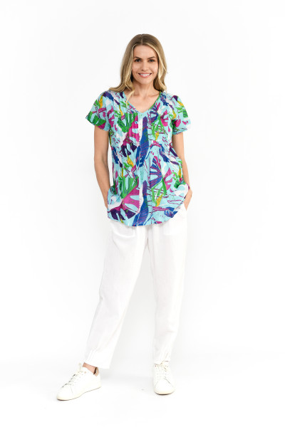 Kayla Cotton Blouse Short Sleeve Abstract Tropical 1