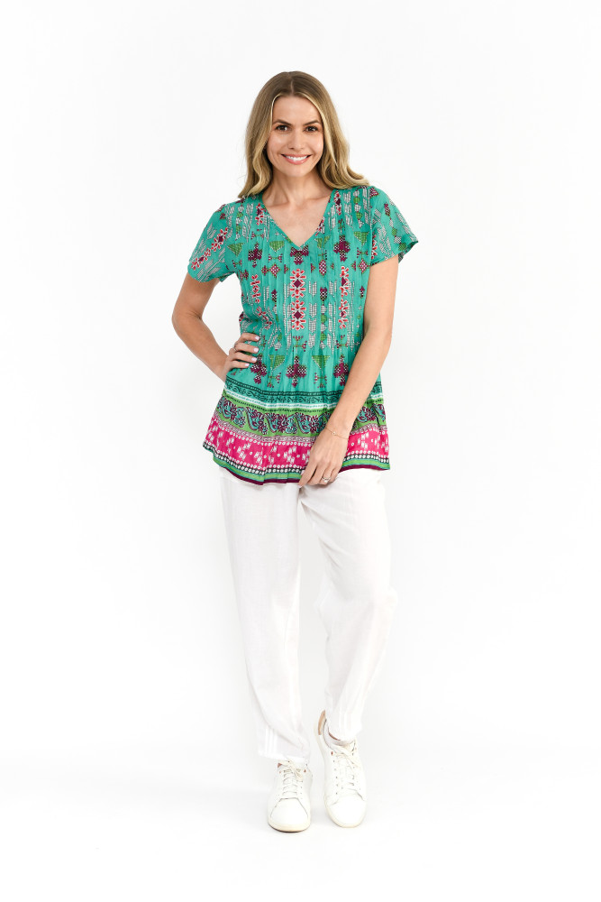 Kayla Cotton Blouse Short Sleeve Aztec Border 1