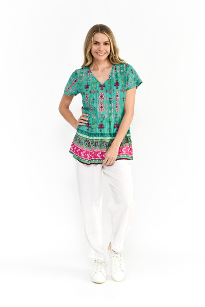 Kayla Cotton Blouse Short Sleeve Aztec Border 1