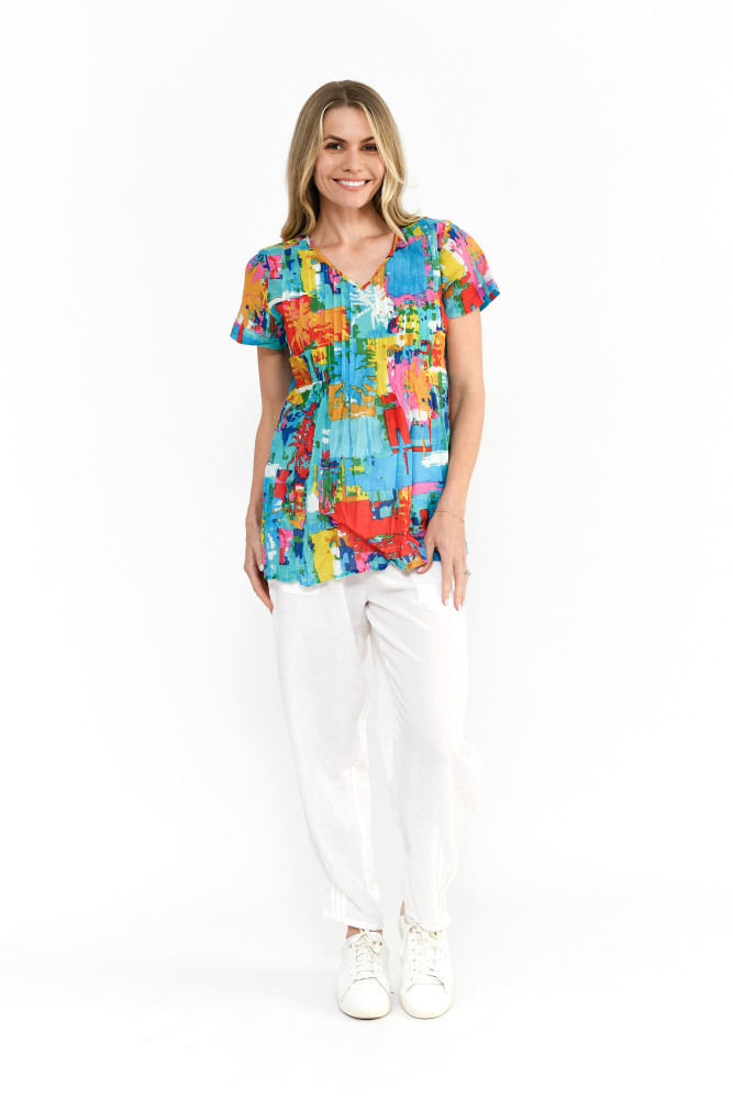 Kayla Cotton Blouse Short Sleeve Painted Palms 1