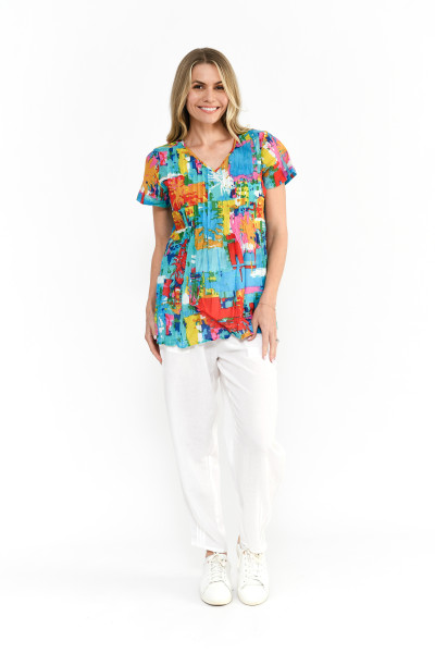 Kayla Cotton Blouse Short Sleeve Painted Palms 1