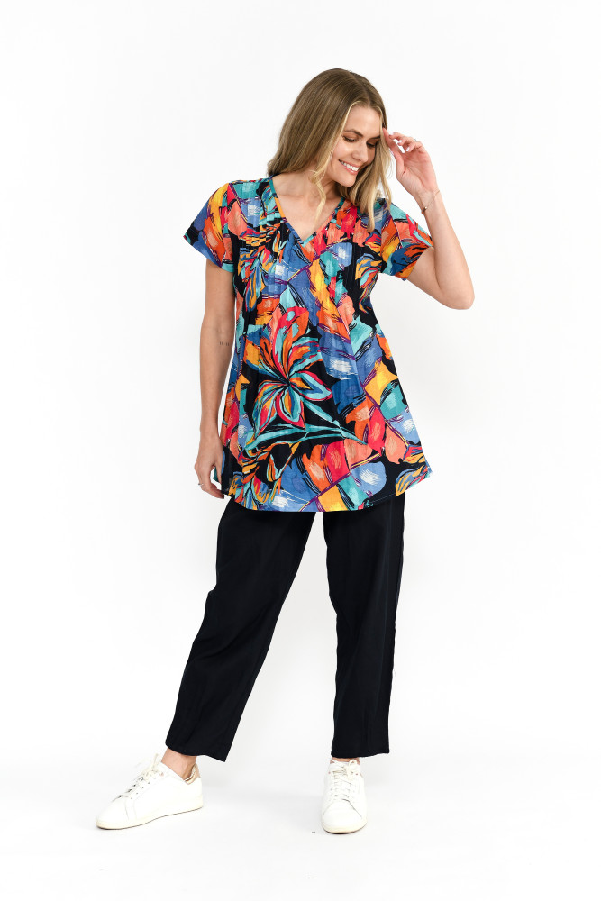 Kayla Cotton Blouse Short Sleeve Painted Tropical 1