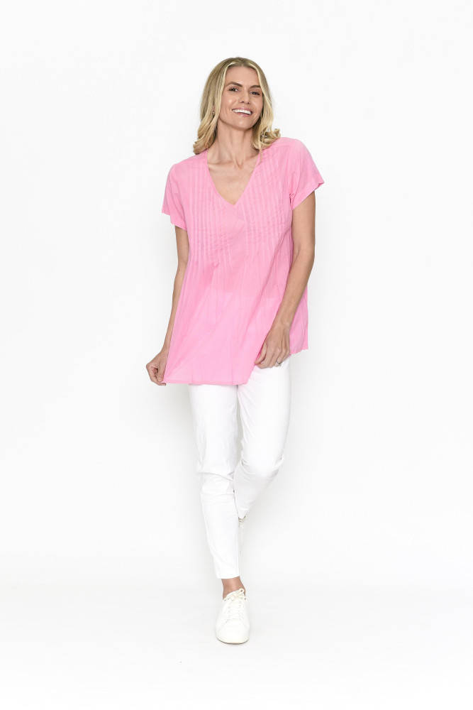 Kayla Solid Cotton Blouse Short Sleeve Bright Pink