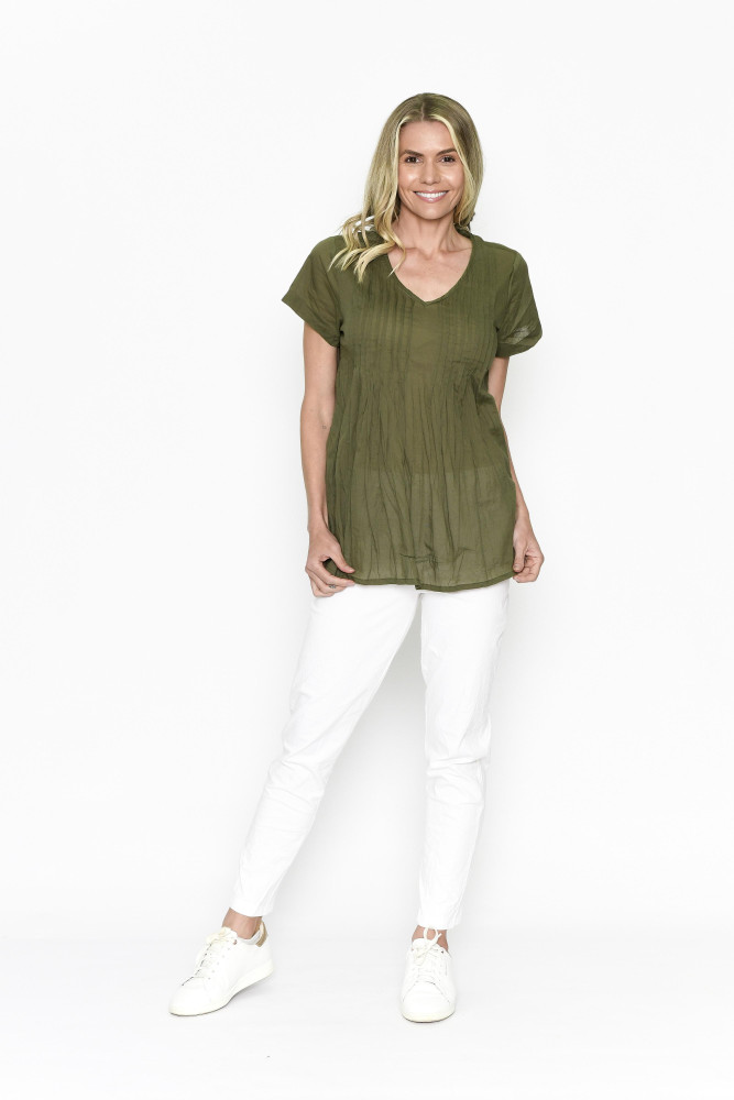 Kayla Solid Cotton Blouse Short Sleeve OLIVE
