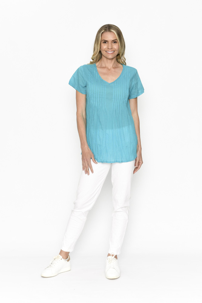 Kayla Solid Cotton Blouse Short Sleeve TURQ