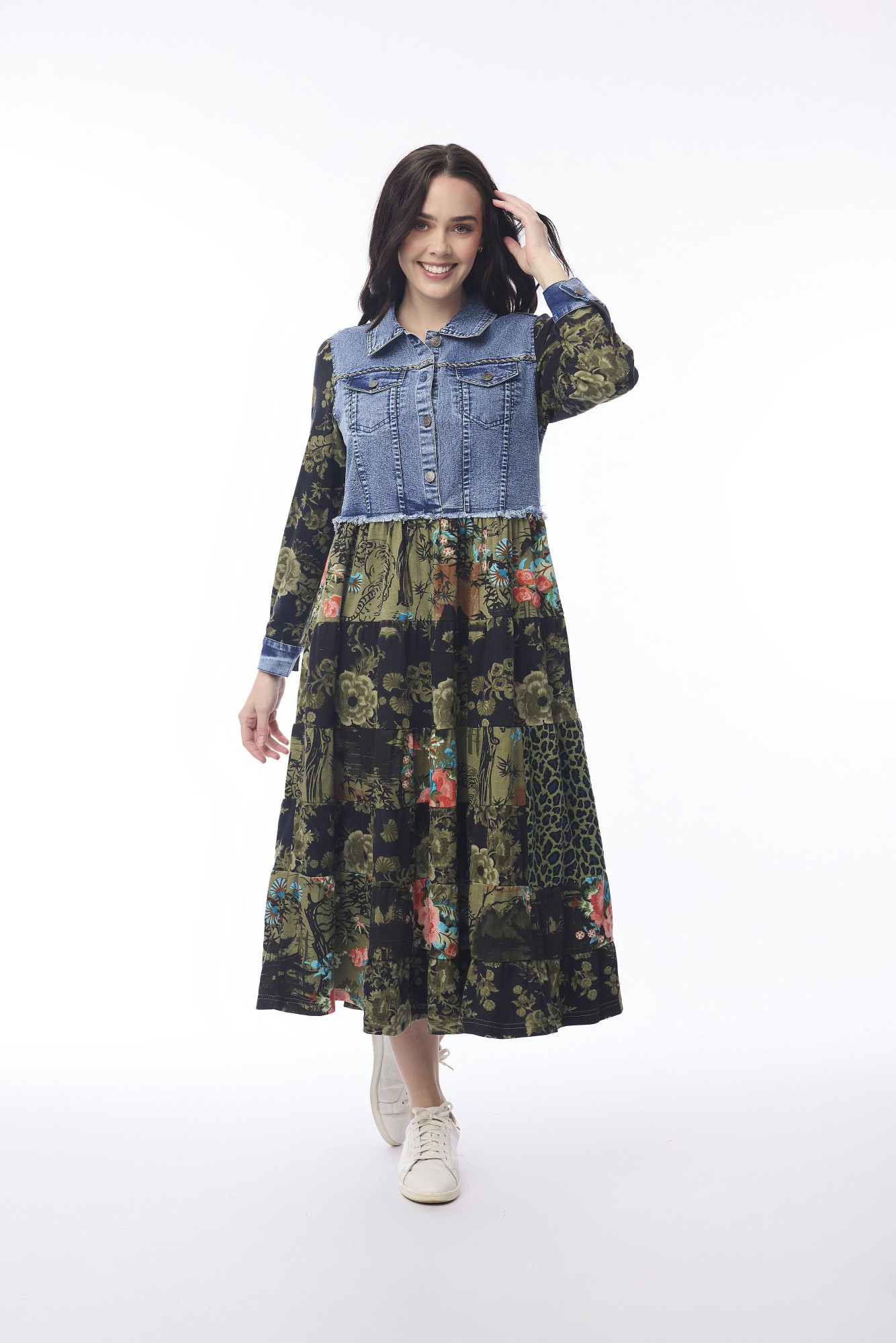 Keqioa Dress Collar Denim Mix Print