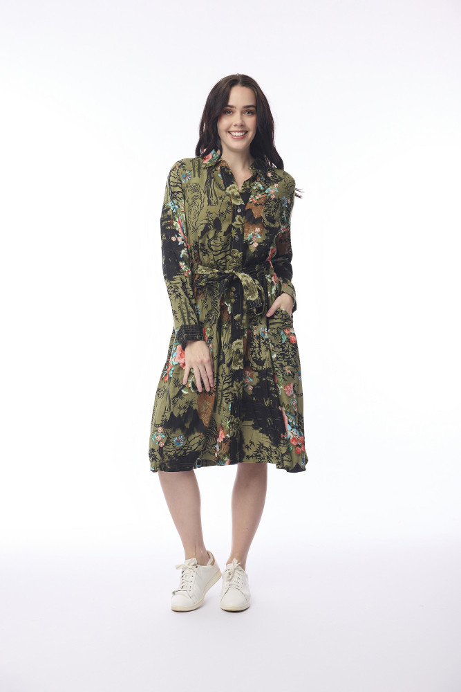 Keqioa Dress Collar Tie Waist Print