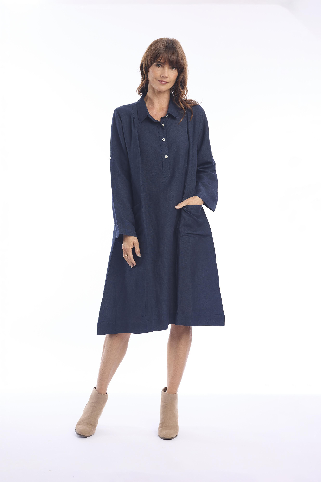 Linen Dress Placket Navy