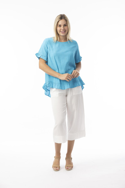 Linen Essentials Top Frill Aqua