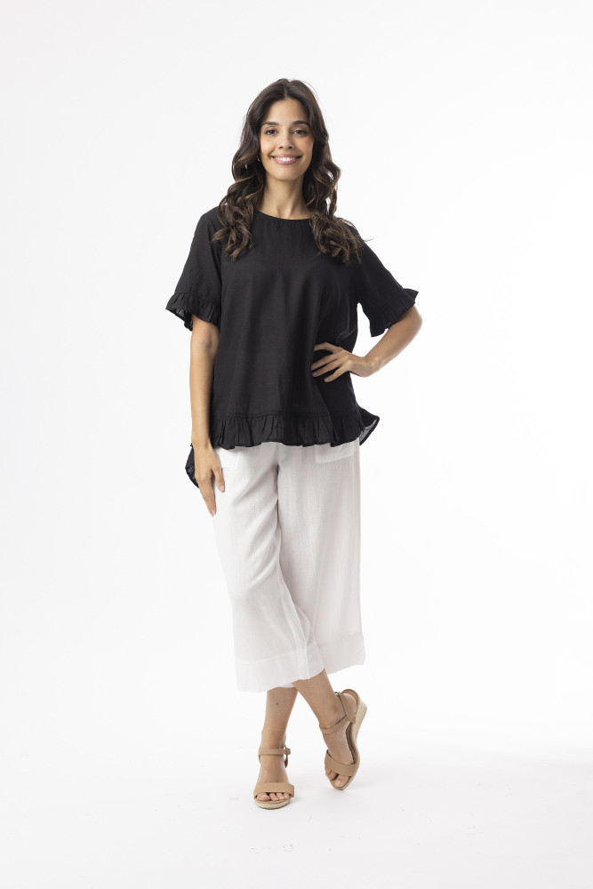 Linen Essentials Top Frill Black