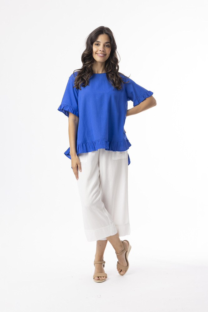 Linen Essentials Top Frill Electric Blue