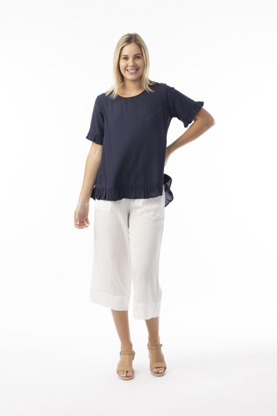 Linen Essentials Top Frill Navy