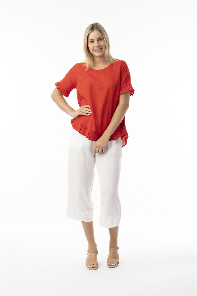 Linen Essentials Top Frill Red