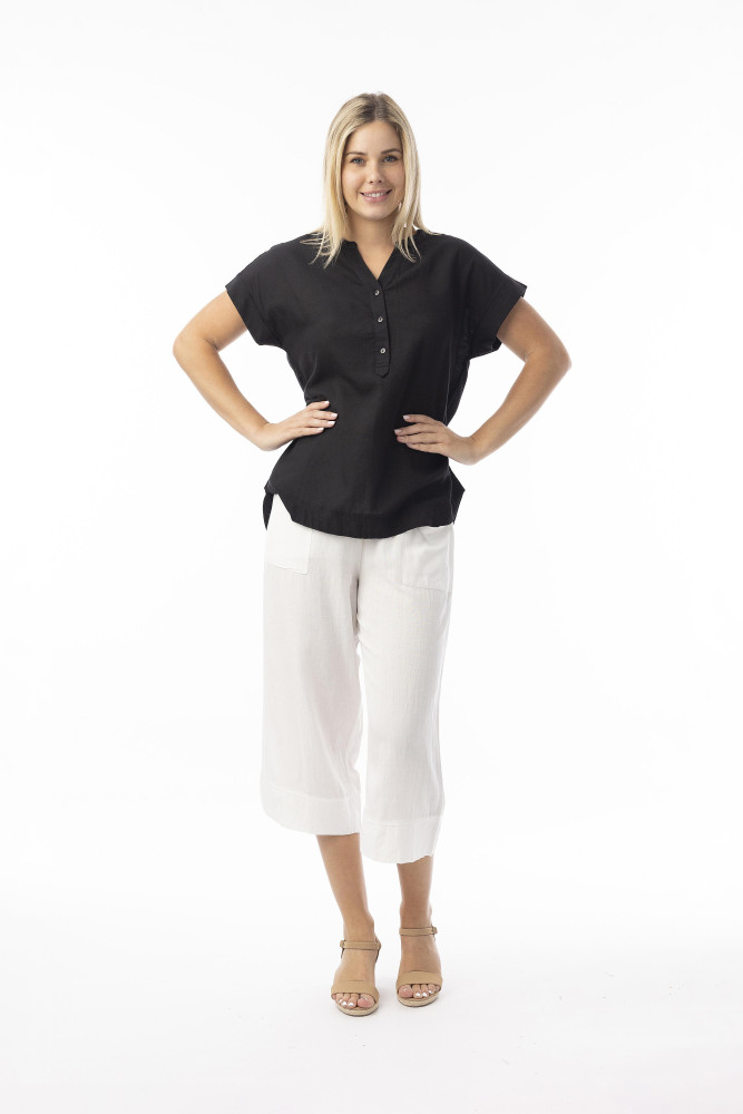 Linen Essentials Top Vneck Black