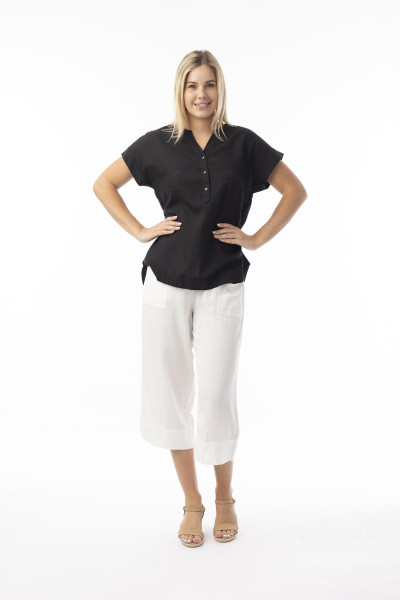 Linen Essentials Top Vneck Black