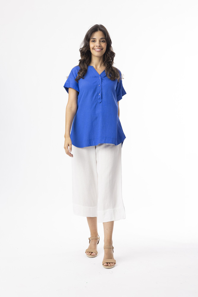 Linen Essentials Top Vneck Electric Blue