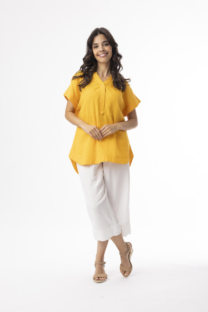 Linen Essentials Top Vneck Kumquat