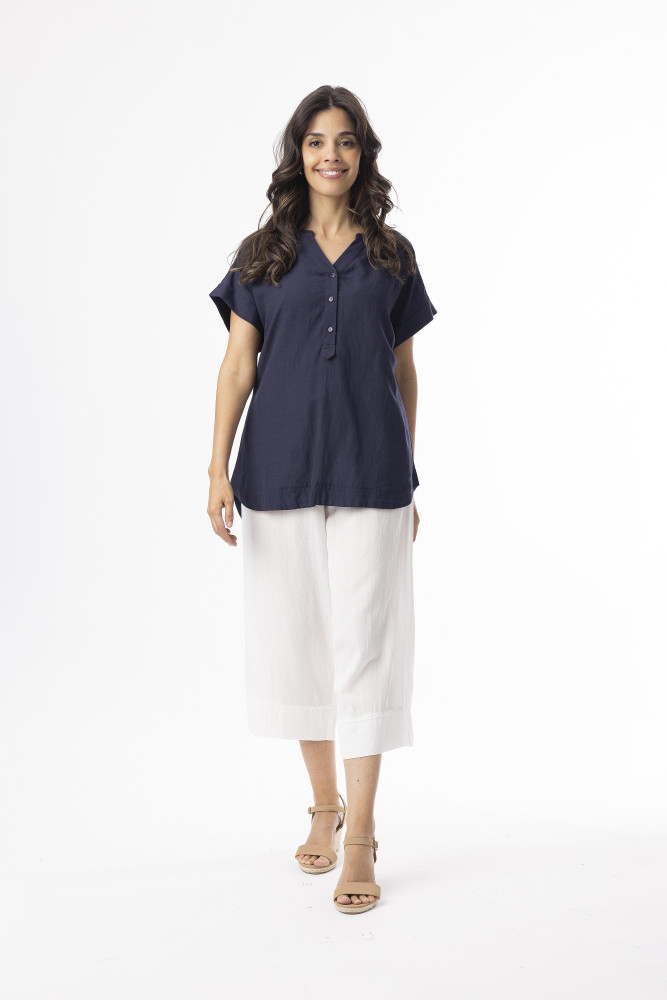 Linen Essentials Top Vneck Navy