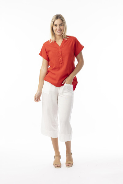 Linen Essentials Top Vneck Red
