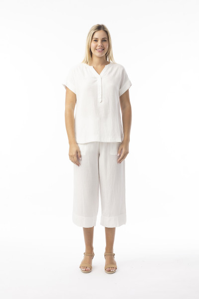 Linen Essentials Top Vneck White