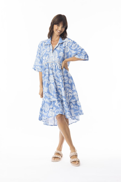 Linen Print Blue Dress layers 3/4 lv Blue