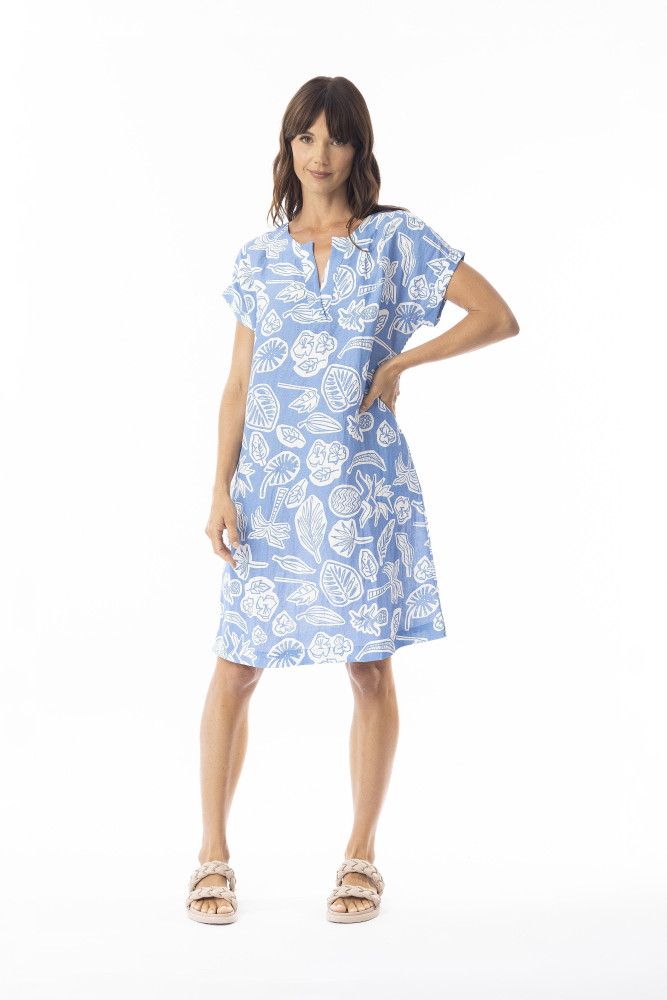 Linen Print Blue Dress Shift cap slv NEW Blue
