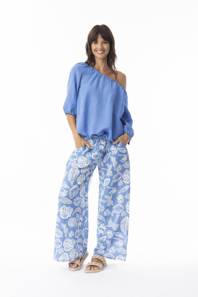 Linen Print Blue Pant Blue
